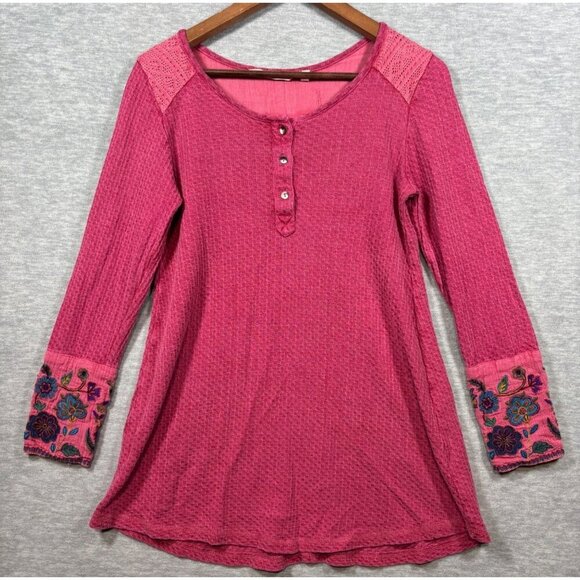 Soft Surroundings Pink Palmer Boho Floral Embroidery Thermal Top Size S - Picture 1 of 6